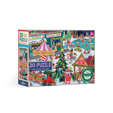 20pc Christmas Village Puzzle box showing a colorful festive village with Santa toys a carousel and Christmas scenes