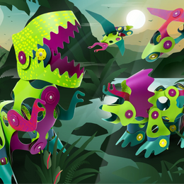 Clixo | Dino Adventure Pack with colorful magnetic dinosaur creations in a vibrant jungle scene