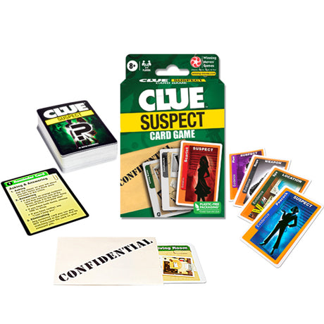 Clue Suspect Card Game box with suspect cards and confidential game materials