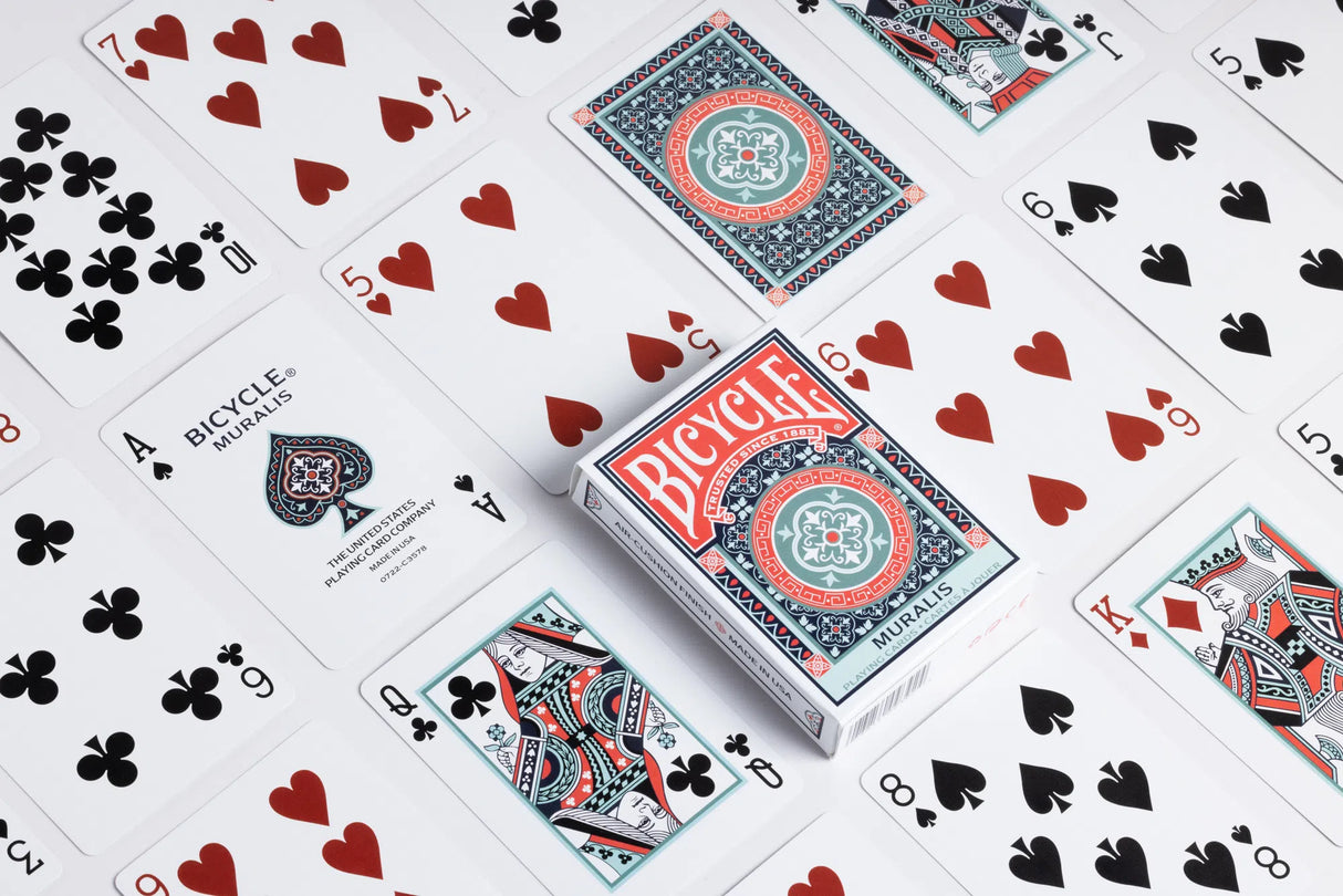 Bicycle Playing Cards: Muralis deck with Mediterranean tile-inspired design and classic red and black suits.