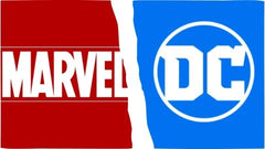 Marvel and DC logos on red and blue backgrounds