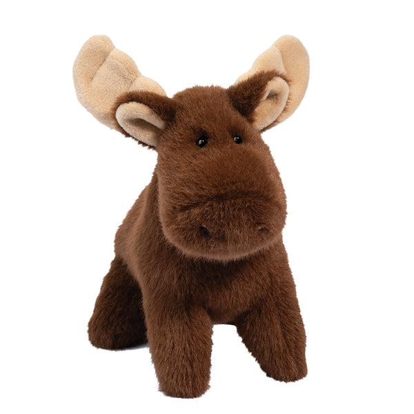 Soft brown plush moose toy with large beige antlers and a squishy, cuddly muzzle perfect for hugs and play.