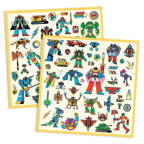 Robot Stickers featuring two sheets of 160 colorful metallic mecha manga and retro robot designs.