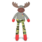 Organic plush moose toy with striped shirt, camouflage pants, and polka-dot antlers, safe and hypoallergenic for all ages