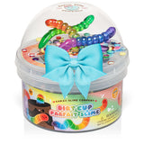 Dirt Cup Parfait Crunchy Slime with colorful worm charms, confetti, and a blue bow in a clear dome lid.
