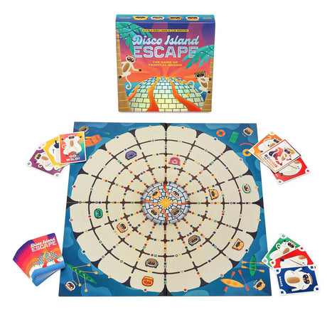 Disco Island Escape board game with colorful lemur cards and a volcanic disco ball mountain game board.