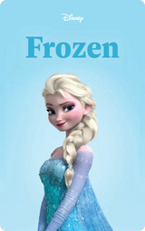 Elsa from Frozen in her sparkling blue dress with braided hair on a light blue background with the title Frozen above her