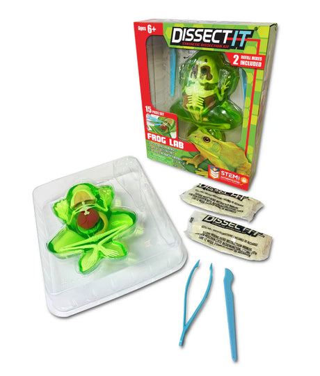 Dissect-It Frog Lab synthetic frog dissection kit with tools, refill mixes, and detailed instructions for ages 6 and up.