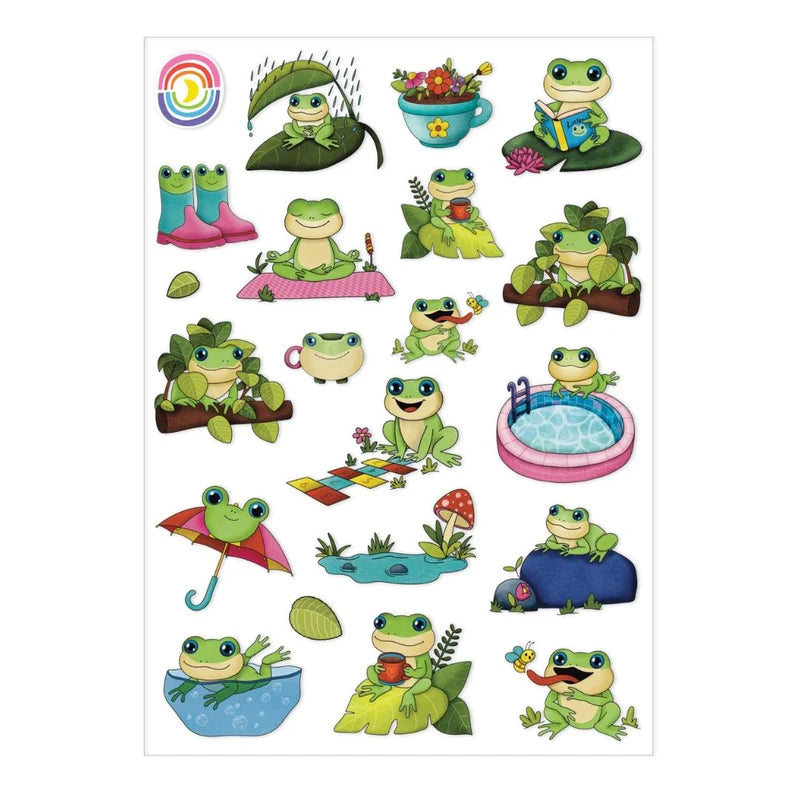 Sticker sheet measuring 4.25" x 5.8" with 20 stickers of an adorable frog enjoying different hobbies like swimming, meditating, and reading.