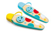 Two colorful wooden pocket kazoos with blue, yellow, red, and white polka dot designs on a white background