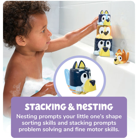 Child playing with Bluey Family Pourers stacking and nesting bath toys on the tub edge for fine motor skills.