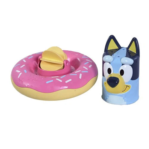 Bluey Splash & Float bath toy with pink float and character cup for water play and spinning action.