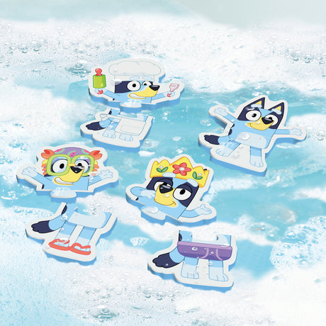 Bluey Bath Puzzle foam pieces in fun outfits floating in bubbly water for toddler bath time play.
