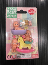 Japanese baby room puzzle erasers set includes babies, rocking horse, bathtub, bottles, and teddy bear eraser pieces