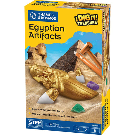 I DIg It! Egyptian Artifacts kit box with Egyptian relics and colorful minerals beside pyramids and digging tools