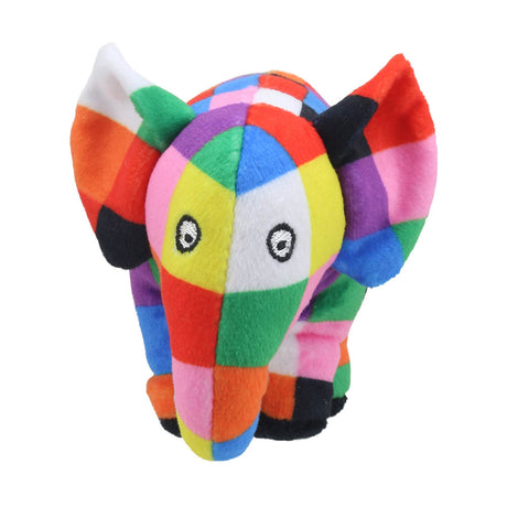 Elmer Finger Puppet colorful patchwork soft elephant with embroidered eyes, perfect for pockets and adventures.