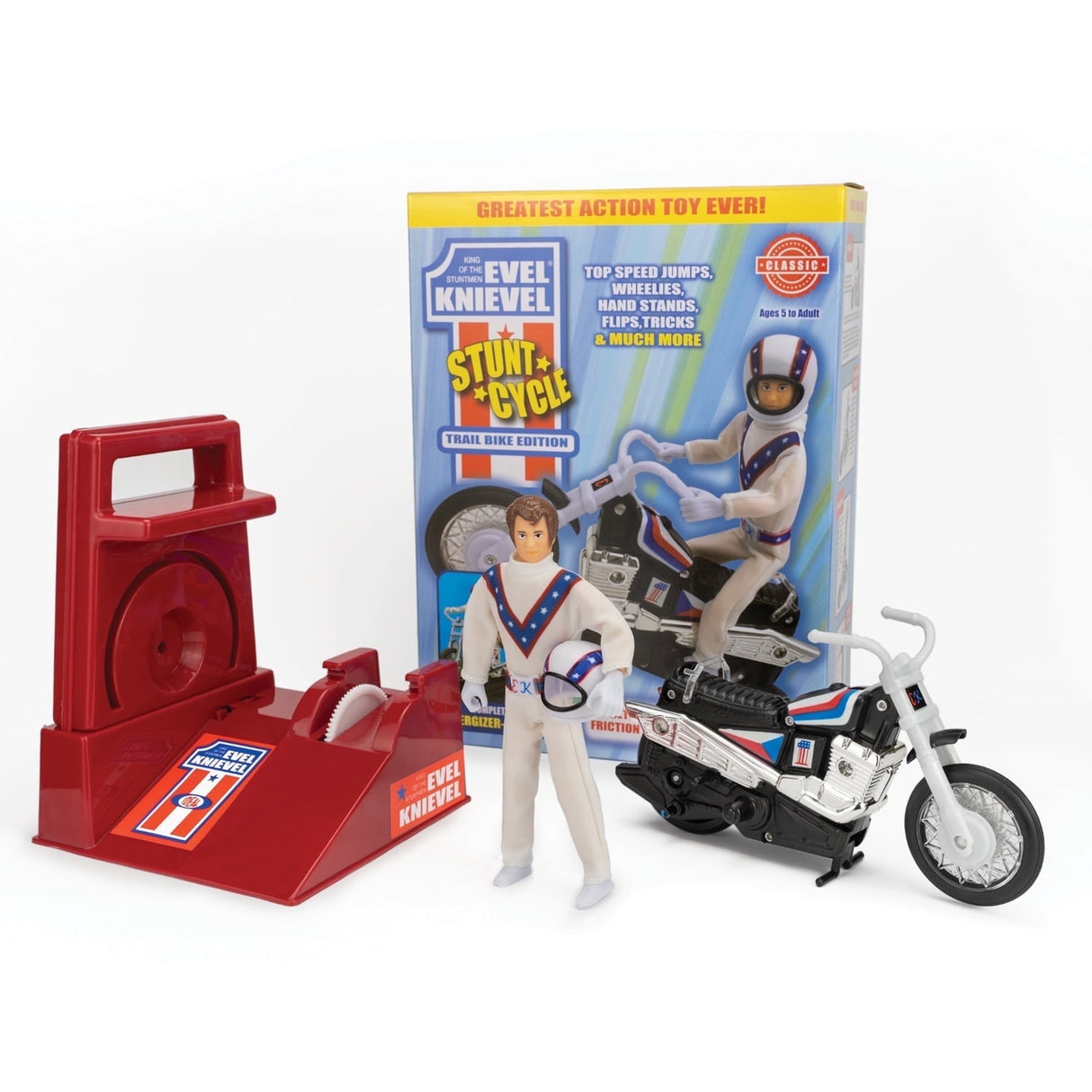 Evel Knievel stunt cycle toy with figure, ramp, and box showcasing action-packed stunt features and classic design.