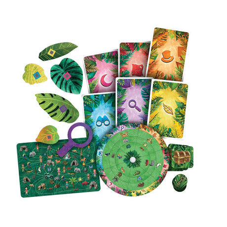 Exit Kids Jungle of Riddles game components including puzzle cards, tokens, and a colorful game board with jungle theme.