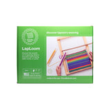 Green LapLoom packaging showing a wooden frame loom with colorful woven tapestry in progress on a white background
