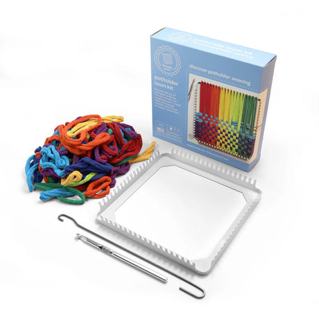 Potholder Loom Traditional Size kit with metal loom, colorful cotton loops, two hooks, and illustrated instructions for weaving.