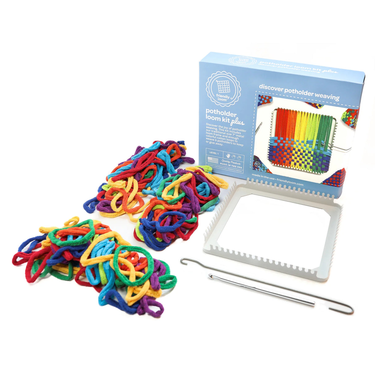Traditional metal potholder loom kit with colorful cotton loops, hooks, and instructions for making six 6x6 potholders