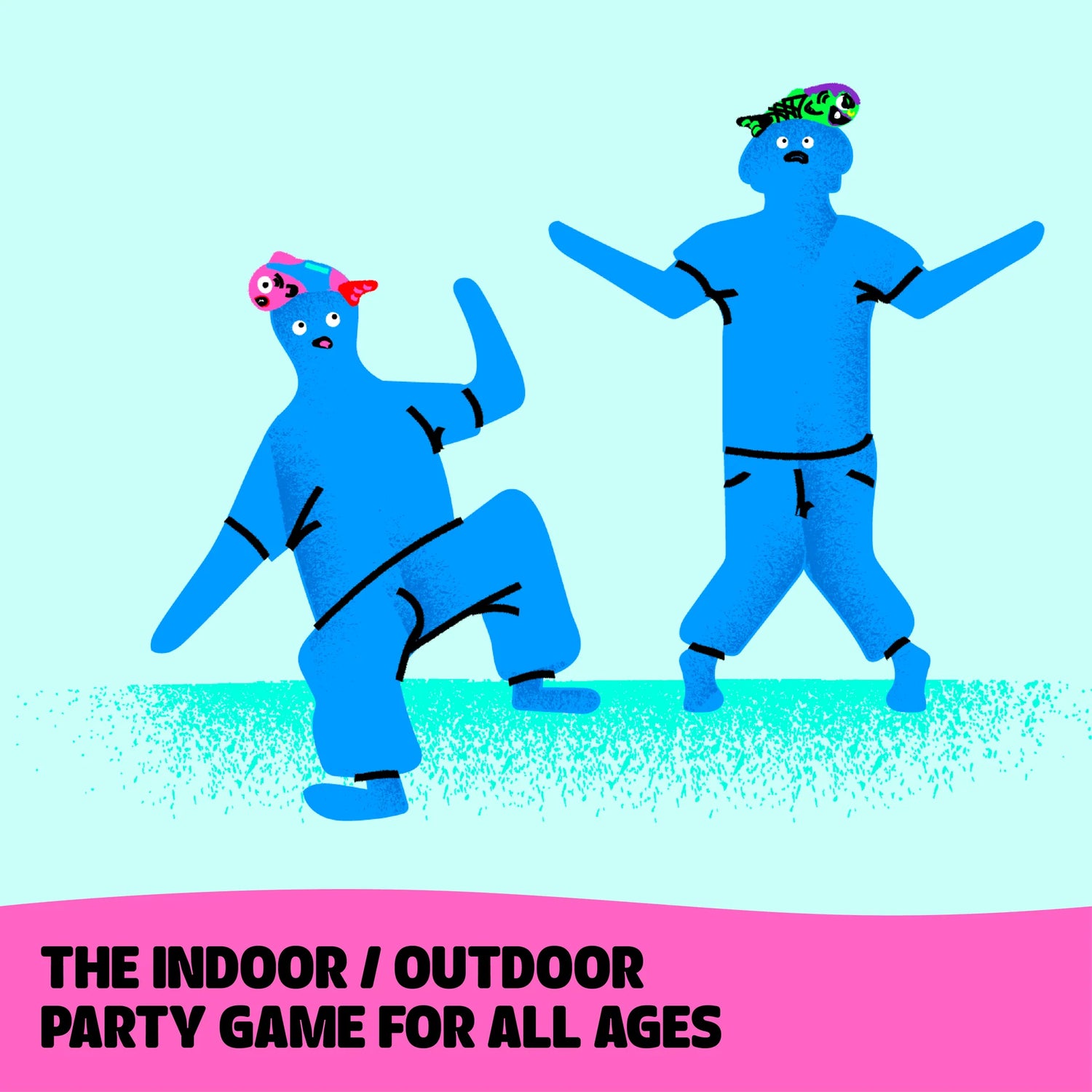 Two blue cartoon figures balancing playful fish on their heads for the Fish Fight party game.