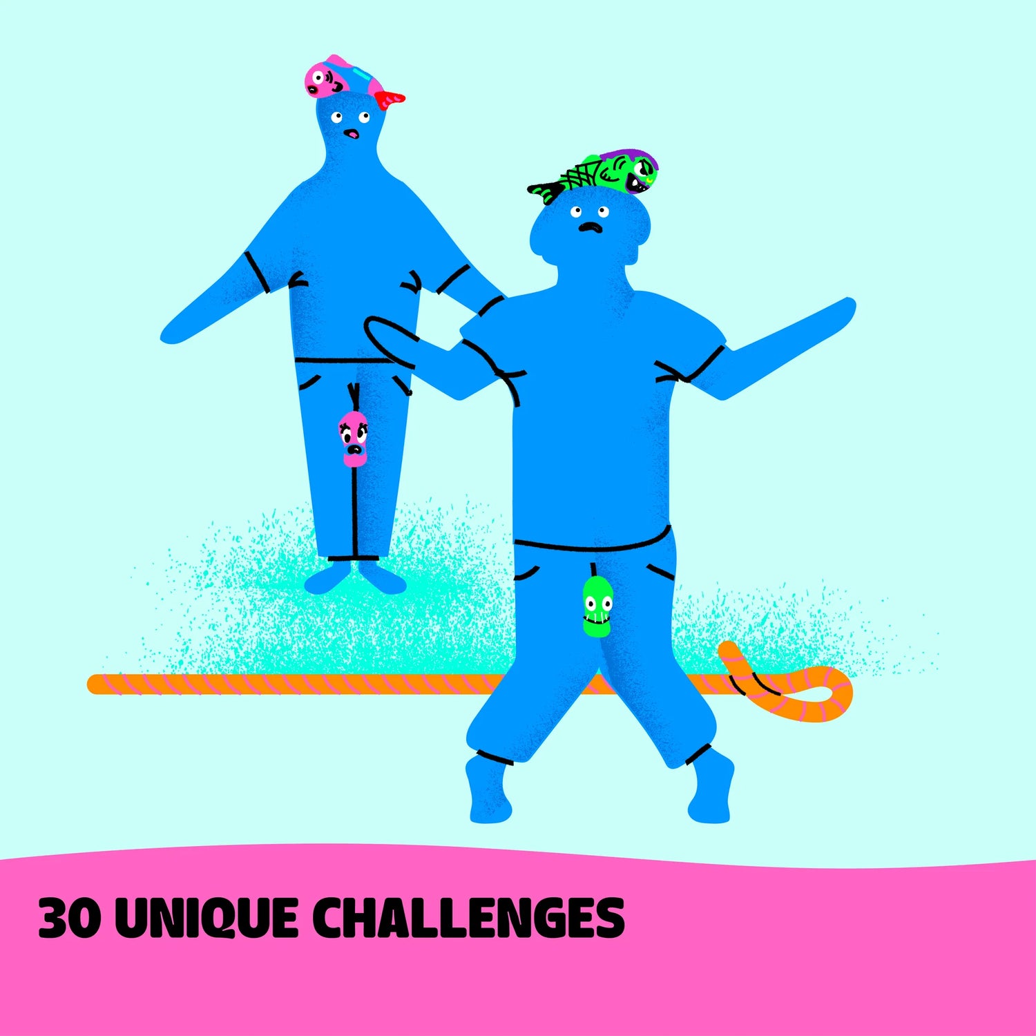 Fish Fight showing two blue characters in a playful challenge with colorful fish on their bodies and head.