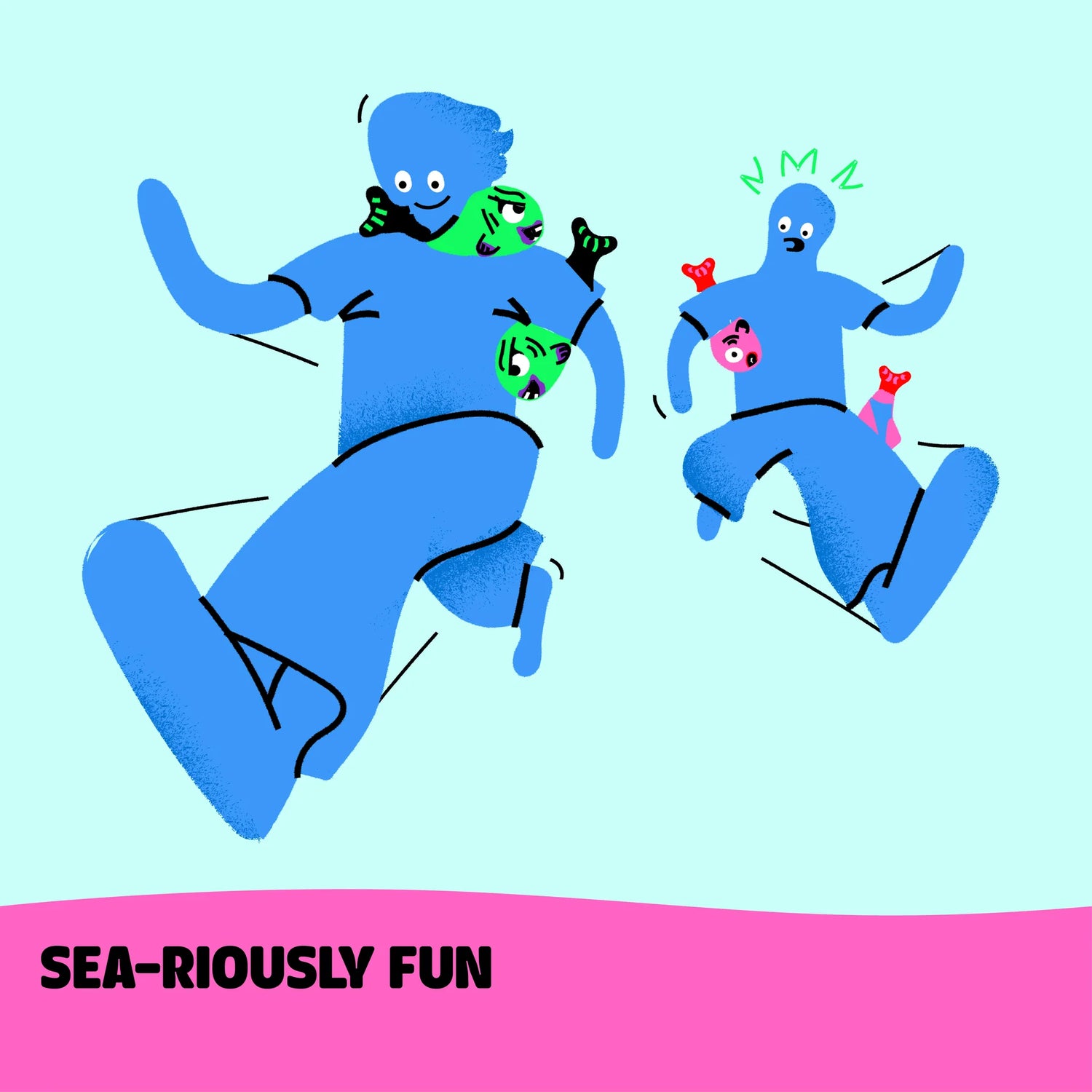 Illustration of players competing in Fish Fight, a lively indoor/outdoor party game for all ages.