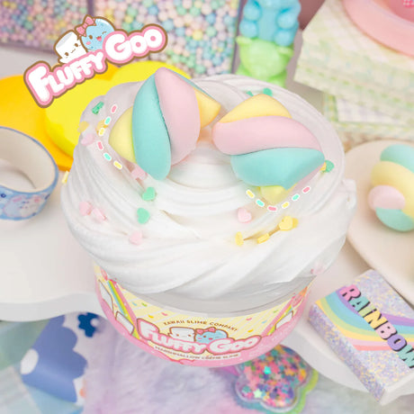 Fluffy Goo Marshmallow Creme Slime with soft white texture, colorful heart sprinkles, and realistic faux swirl marshmallows.