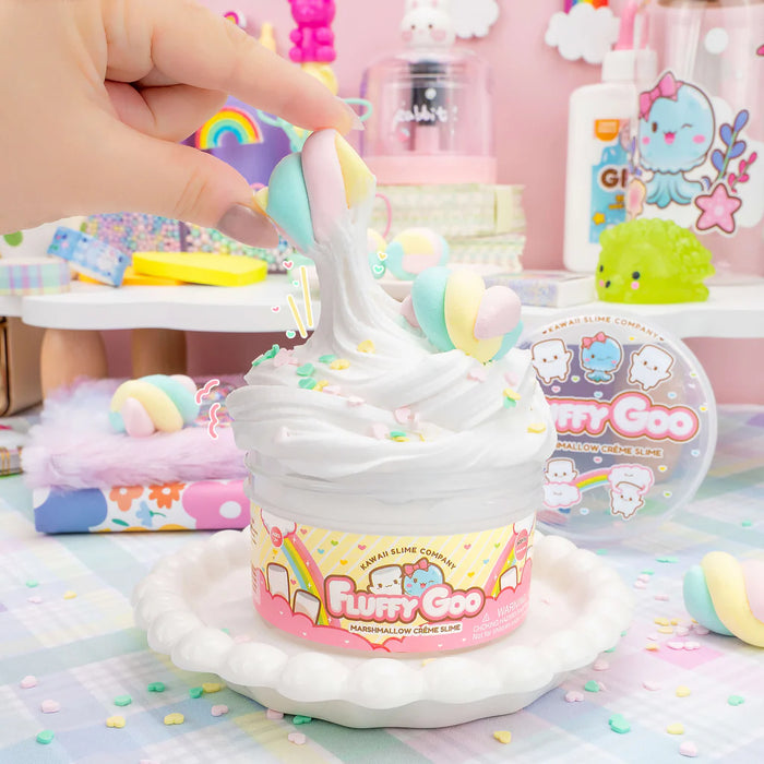 Fluffy Goo Marshmallow Creme Slime with airy texture, heart sprinkles, and realistic faux swirl marshmallows.