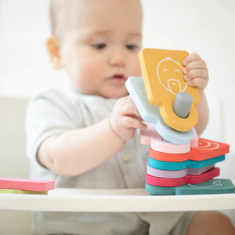 Baby playing with colorful foam animal flashcards on stand stacking with Animal Stacker Tub Hub toy