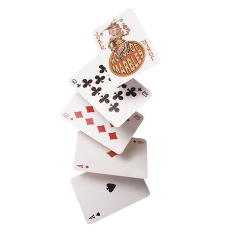 Stack of classic playing cards including aces, tens, and a joker card with playful design on white background