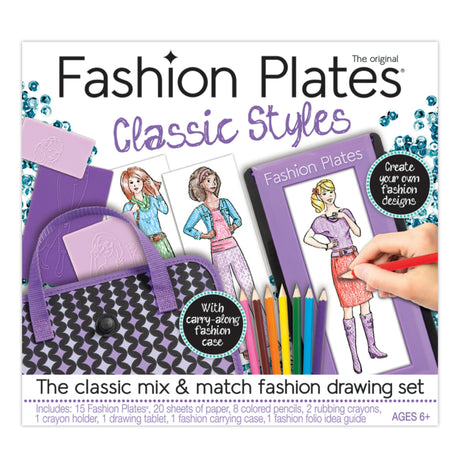 Fashion Plates Classic Styles drawing set with purple case, colored pencils, and mix-and-match fashion design templates