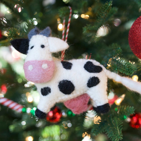 Cow Felt Ornament hanging on Christmas tree, handmade colorful sheep wool felt Christmas decoration.