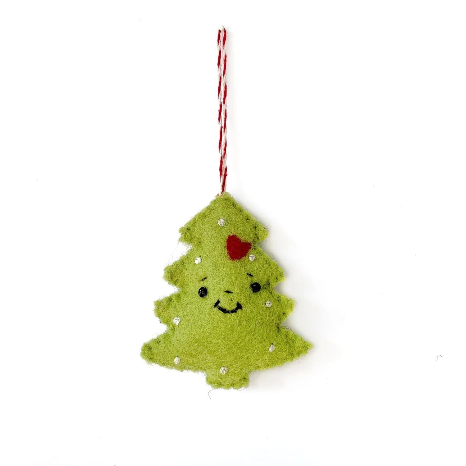 Smiling Christmas Tree Felt Ornament made of green sheep wool with a happy face and red heart, handmade in Nepal.