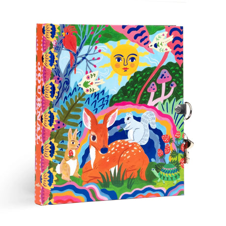 Colorful diary cover with a deer, rabbit, squirrel, turtle, mushrooms, sun, and vibrant nature illustrations by Sarah Walsh.
