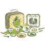 Frog and Toad picnic set for two with illustrated plates, cups, teapot, utensils, and woven design storage case