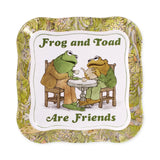 Square tin tray featuring Frog and Toad having tea with floral green border and text celebrating friendship
