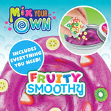 Purple swirled putty with embedded fruit slices and packet being sprinkled on top in round silver container