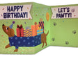 Let's Pawty Tri-Fold Card showing a dachshund in a party hat with gifts and "Happy Birthday" and "Let's Pawty" text inside.