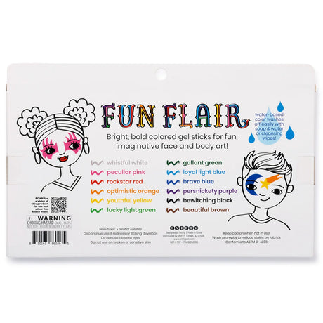 Fun Flair Face & Body Color Gel Sticks packaging with colorful face painting designs