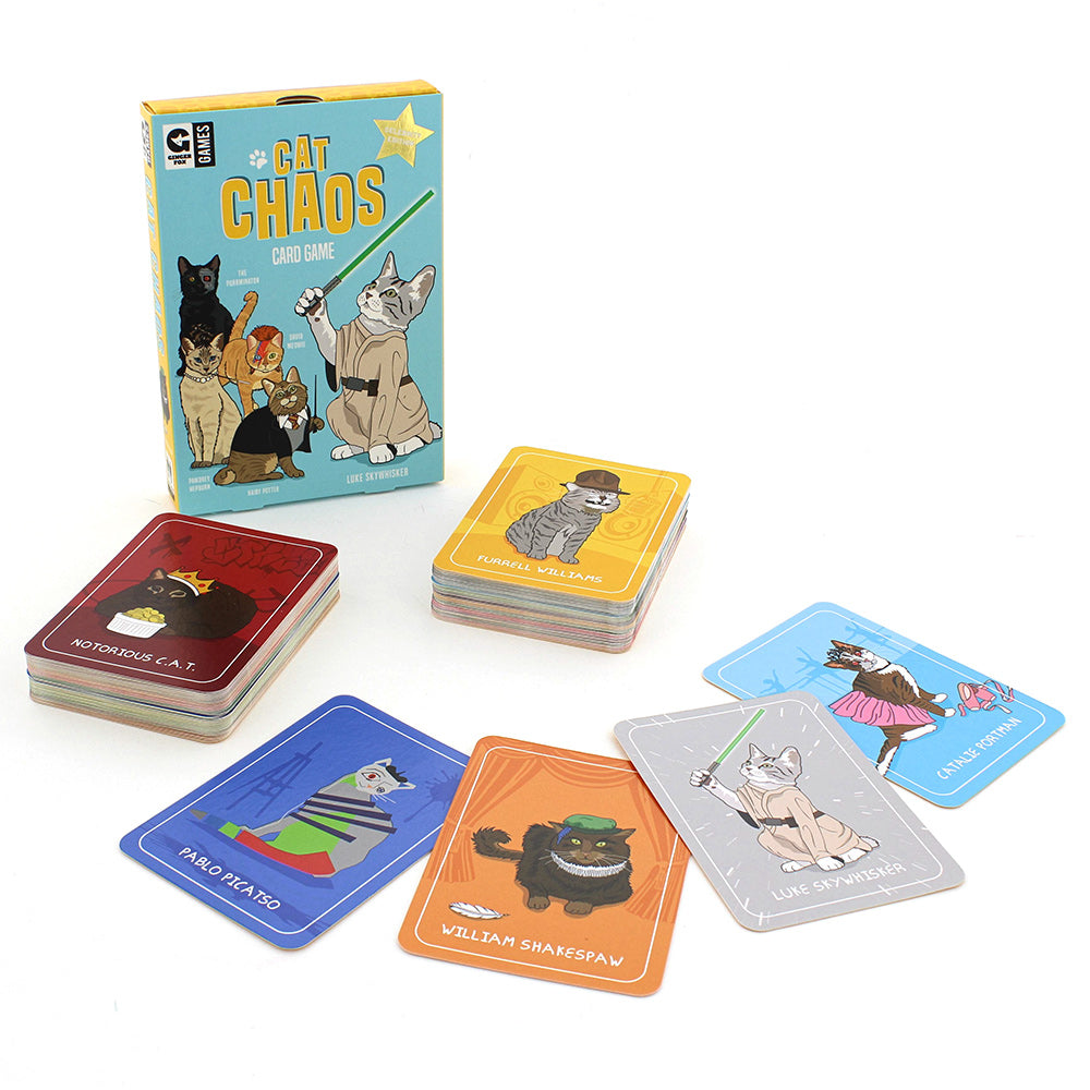 Cat Chaos card game box and illustrated cards featuring playful cats