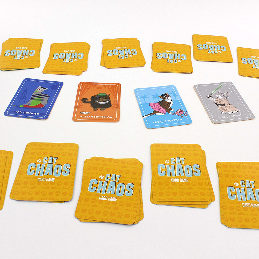 Cat Chaos card game with colorful cat illustrated cards arranged on a white surface