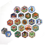 Cottage Fairies Memory & Matching Game hexagonal tiles featuring whimsical fairy forest and seasonal illustrations with gold foil accents.