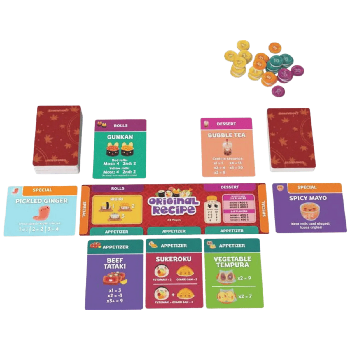 Sushi Go! Chef's Special card game with colorful sushi tokens and illustrated recipe cards laid out for play