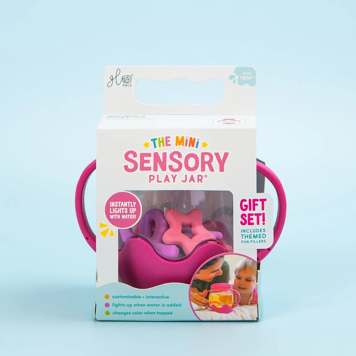Mini Sensory Jar | Pink packaging featuring a pink sensory play jar for children