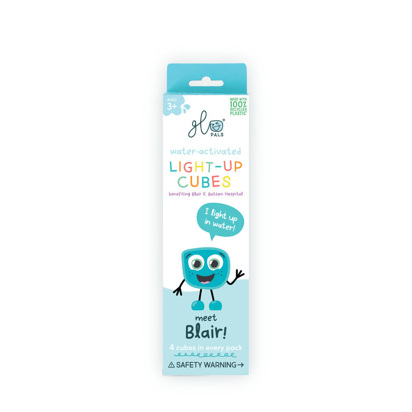 Glo Pals | Blue Blair water activated light up bath cubes in turquoise retail packaging
