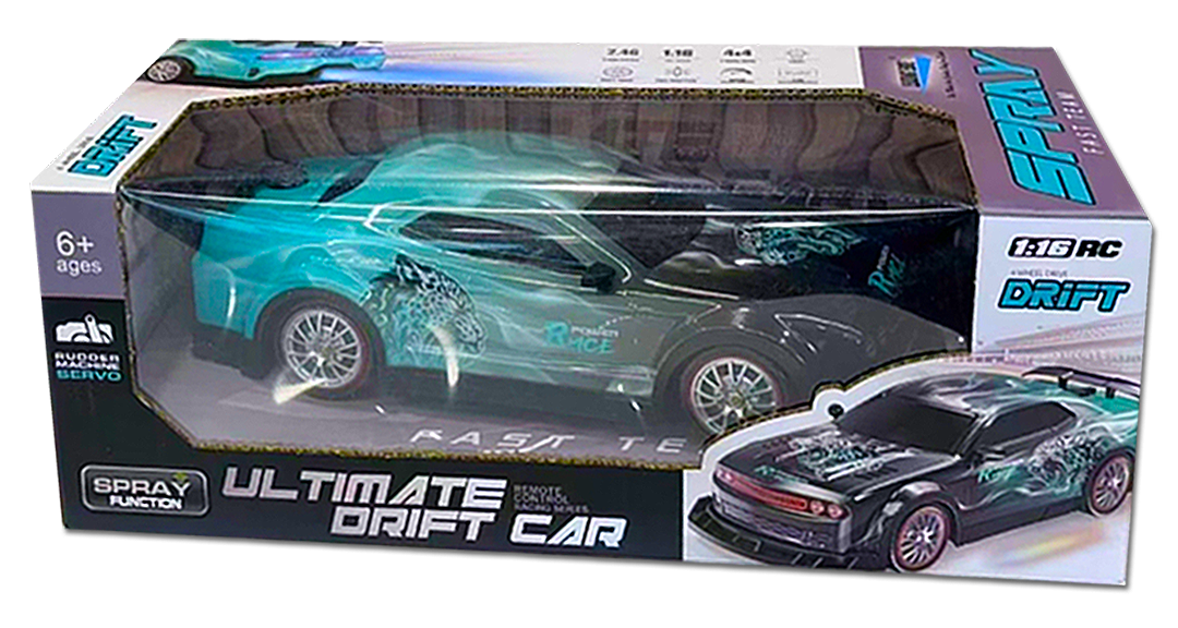 Ultimate Drift RC Car in a window box with teal and black sports car styling and spray function