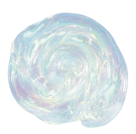 Liquid Glass Get Ready With Me Thinking Putty showing crystal-clear shimmer with pink and teal sparkles in a swirl shape.