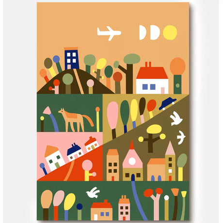 Colorful abstract illustration of houses, trees, animals, and birds in a playful countryside scene
